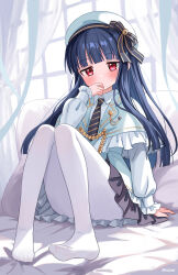 1girl :d bed_sheet beret black_bow black_necktie blue_capelet blue_hair blue_skirt bow capelet collared_shirt covering_own_mouth curtains eluthel frilled_capelet frilled_skirt frilled_sleeves frills full_body hat hat_bow highres idolmaster idolmaster_cinderella_girls long_hair long_sidelocks long_sleeves looking_at_viewer necktie no_shoes on_bed open_mouth pantyhose pillow red_eyes sajo_yukimi shirt sidelocks sitting skirt smile solo striped_necktie two-tone_necktie very_long_hair white_hat white_pantyhose white_shirt yellow_necktie
