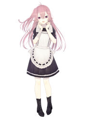 1girl :d absurdres antenna_hair apron back_bow bandaged_arm bandages black_boots black_bow black_bowtie black_shirt black_skirt boots bow bowtie collared_shirt double-parted_bangs frilled_apron frilled_skirt frills full_body hair_between_eyes hands_up highres lace-up_boots long_hair looking_at_viewer maid maid_apron medium_skirt open_mouth original petticoat pink_hair puffy_short_sleeves puffy_sleeves purple_eyes riuichi shirt short_sleeves side_ponytail sidelocks simple_background skirt smile solo standing straight-on teeth upper_teeth_only white_apron white_background white_bow wing_collar