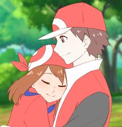 1boy 1girl bandana baseball_cap blush brown_hair cheek_press closed_eyes commission commissioner_upload happy hat hug jacket may_(pokemon) nintendo pokemon pokemon_frlg pokemon_rse red_(pokemon) red_(pokemon_frlg) royyahn smile