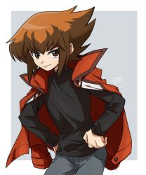 1boy black_shirt brown_eyes brown_hair cowboy_shot duel_academy_uniform_(yu-gi-oh!_gx) grey_background highres jacket jacket_on_shoulders looking_at_viewer male_focus medium_hair owk_vs red_jacket shirt simple_background smile solo yu-gi-oh! yu-gi-oh!_gx yuki_judai