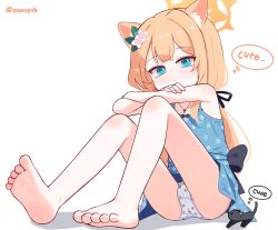 1girl alternate_costume animal animal_ear_fluff animal_ears arm_on_knee armpits artist_name baby_animal barefoot black_bow black_cat black_ribbon blue_archive blue_dress blue_eyes blunt_ends bow cat center-flap_bangs closed_mouth commentary_request cross cross_necklace crossed_arms crotch_seam double-parted_bangs dress dress_bow english_text feet floral_print floral_print_dress flower food_print fruit_print full_body hair_flower hair_ornament hair_ribbon halo jewelry kitten knees_up loli looking_at_viewer mari_(blue_archive) multicolored_flower necklace orange_hair orange_halo panties print_dress print_panties ribbon short_dress simple_background sitting sleeveless sleeveless_dress soles solo speech_bubble sseopik strawberry_panties strawberry_print thought_bubble toenails toes underwear upskirt variant_set white_background white_panties