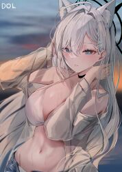 1girl alternate_costume animal_ear_fluff animal_ears bare_shoulders bikini bikini_under_shorts black_choker blue_archive blue_eyes breasts choker cleavage cross_hair_ornament denim denim_shorts dolechan extra_ears grey_hair grey_shirt hair_behind_ear hair_between_eyes hair_ornament highres large_breasts long_hair looking_at_viewer navel open_clothes open_shirt open_shorts shiroko_(blue_archive) shiroko_terror_(blue_archive) shirt shorts sidelocks solo stomach swimsuit wet white_bikini wolf_ears wolf_girl
