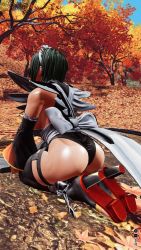 1girl 3d ass black_hair black_leotard blue_sky breasts butterfly_swords curvy forest highleg highleg_leotard highres huge_ass iroha_(samurai_spirits) kneeling large_breasts leotard looking_to_the_side maid maid_headdress nature ryona samurai_spirits screencap shiny_skin short_hair sideboob skindentation sky solo standing standing_on_one_leg thighhighs third-party_edit thong_leotard tree wide_hips