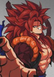 bare_pectorals biceps blue_eyes body_fur brown_fur clenched_teeth dragon_ball dragon_ball_gt foreshortening fusion fusion_dance gogeta grey_background grin highres looking_at_viewer male_focus metamoran_vest monkey_boy monkey_tail no_nipples open_hand outstretched_arm pectorals reaching red_hair relio_db318 simple_background smile smirk solo spiked_hair super_saiyan super_saiyan_4 tail teeth veins veiny_hands