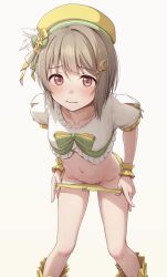 Rule 34 | 1girl, absurdres, beret, blush, bow, bow panties, brown hair, commentary, crescent, crescent pin, diamond (love live!), embarrassed, frilled wristband, green bow, green footwear, green panties, hair ornament, hairclip, hat, highres, looking at viewer, love live!, love live! nijigasaki high school idol club, medium hair, nakasu kasumi, navel, panties, panty pull, puffy sleeves, red eyes, shirt, symbol-only commentary, tearing up, toyasu aina, underwear, undressing, white shirt, yellow hat