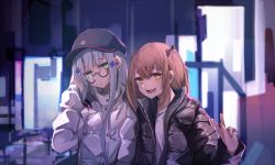 2girls alternate_costume baseball_cap black_jacket blunt_bangs brown_hair casual city closed_mouth commentary_request earrings fang frown girls&#039;_frontline glasses green_eyes hair_ornament hair_ribbon hat head_tilt highres hk416_(girls&#039;_frontline) jacket jewelry miyabino_(miyabi1616) multiple_girls nail_polish night open_mouth outdoors red_nails ribbon scar scar_across_eye scar_on_face shirt silver_hair smile twintails ump9_(girls&#039;_frontline) urban v white_jacket white_shirt yellow_eyes