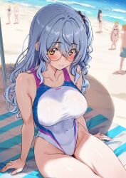 1boy 5girls beach blue_hair borrowed_character brown_eyes commentary_request competition_swimsuit covered_navel cowboy_shot glasses highleg highleg_one-piece_swimsuit highres multicolored_swimsuit multiple_girls ocean one-piece_swimsuit one_side_up original shade sitting smile solo_focus swimsuit toriatto_gununu wavy_hair white_one-piece_swimsuit