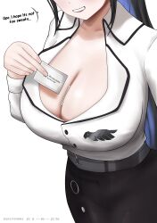 1girl absurdres between_breasts black_hair black_skirt blue_hair blush breasts business_card card cleavage colored_inner_hair dated dress_suit highres holding holding_card hololive hololive_english large_breasts long_hair long_sleeves multicolored_hair nerissa_ravencroft nerissa_ravencroft_(casual) office_lady official_alternate_costume pantyhose pencil_skirt shirt simple_background skirt smile snipsman soju solo two-tone_hair very_long_hair virtual_youtuber white_shirt