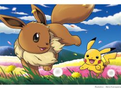 Rule 34 | :3, animal focus, artist name, blue sky, brown eyes, cloud, dandelion, dandelion seed, day, dot nose, eevee, flower, gen 1 pokemon, grass, komayama akira, mountainous horizon, nintendo, no humans, official art, open mouth, outdoors, petals, pikachu, pokemon, pokemon (creature), pokemon focus, pokemon tcg, second-party source, sky, smile, stitched, third-party edit
