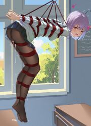 1girl absurdres ball_gag bdsm black_pantyhose bondage bound breasts egg_vibrator gag gridman_(character) gridman_universe hanging highres indoors liangfangliangfangliang medium_hair object_insertion pantyhose pink_hair pleated_skirt red_eyes restrained sex_toy shibari shibari_over_clothes shinjou_akane skirt small_breasts ssss.gridman thighhighs vaginal vaginal_object_insertion vibrator window zettai_ryouiki