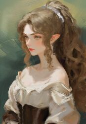 1girl astarionfxxk bare_shoulders blush brown_hair closed_mouth corset curly_hair from_side green_eyes high_ponytail highres lipstick long_hair makeup off_shoulder original painterly pointy_ears ponytail red_lips solo upper_body