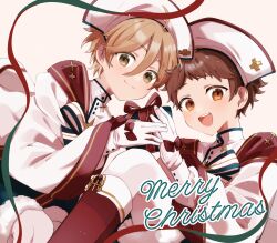 2boys bow brown_eyes brown_hair ensemble_stars! gift gloves hair_between_eyes hat highres holding holding_gift looking_at_viewer male_focus mashiro_tomoya merry_christmas multiple_boys nurse_cap open_mouth red_bow red_ribbon ribbon shisokonbu short_hair simple_background smile teeth tenma_mitsuru upper_teeth_only white_background white_gloves white_hat