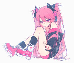 Rule 34 | &gt;:(, 1girl, :&lt;, absurdres, akarizzz, bare shoulders, bemani, bike shorts, black jacket, black socks, closed mouth, from side, frown, full body, grace (sound voltex), half-closed eyes, headphones, highres, jacket, long hair, long sleeves, looking at viewer, open clothes, open jacket, pink eyes, pink hair, pink shoes, pointing, pointing at viewer, shoes, simple background, sitting, socks, solo, sound voltex, twintails, v-shaped eyebrows, very long hair, white background