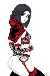 1girl ass black_hair black_thighhighs bottomless bra braid detached_sleeves garter_belt highres hood hood_down long_hair looking_at_viewer ltstry print_bra print_hood print_sleeves red_eyes serana signature simple_background skindentation solo the_elder_scrolls the_elder_scrolls_v:_skyrim thighhighs underwear white_background