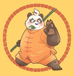 1boy animal_ears bara belly black_fur blush claws commentary_request crave_saga fat fighting_stance furry furry_male garou-zuki highres holding_bamboo_shoot leaf_in_mouth looking_to_the_side male_focus multicolored_fur panda_boy panda_ears pawpads plump shaoren_(crave_saga) white_fur yellow_background