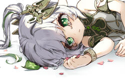 1girl absurdres blush crying crying_with_eyes_open detached_sleeves dress genshin_impact green_eyes green_hair green_sleeves grey_hair hair_ornament highres long_hair lying multicolored_hair nahida_(genshin_impact) on_side parted_lips petals pointy_ears side_ponytail simple_background sleeveless sleeveless_dress solo tears white_background white_hair yoruhachi