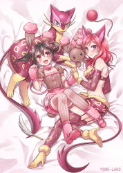 2girls :d alternate_color animal_ears arm_warmers black_hair blush bow buneary buneary_(cosplay) choker cosplay elbow_gloves fur_trim garter_straps gen_4_pokemon gen_5_pokemon gloves high_heels interlocked_fingers leg_warmers liepard liepard_(cosplay) love_live! love_live!_school_idol_project lying mono_land multiple_girls nintendo nishikino_maki open_mouth pokemon pokemon_bw purple_eyes red_eyes red_hair shiny_pokemon smile striped_clothes striped_legwear striped_thighhighs tail thighhighs twintails vertical-striped_clothes vertical-striped_legwear vertical-striped_thighhighs yazawa_nico