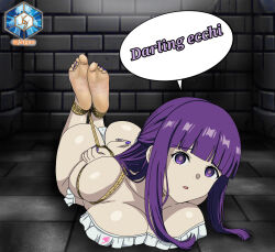1girl ass bdsm bondage bound breasts fern_(sousou_no_frieren) hogtie jetga large_breasts long_hair purple_eyes purple_hair shibari sousou_no_frieren swimsuit