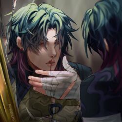 1boy absurdres anaxa_(honkai:_star_rail) artist_name auruelai bandaged_hand bandages blood broken_glass commentary english_commentary glass gradient_hair green_hair highres honkai:_star_rail honkai_(series) lips looking_at_another male_focus medium_hair multicolored_hair nosebleed purple_hair red_eyes reflection solo