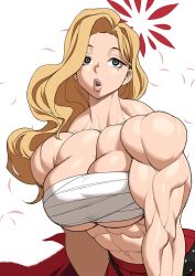 1girl akemi_(blue_archive) bare_shoulders blonde_hair blue_archive breasts chest_sarashi female_focus halo large_breasts lips long_hair mole mole_under_eye muscular muscular_female pokkuti sarashi solo underboob