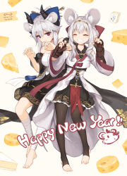 2girls animal_ear_fluff animal_ears arm_guards artist_logo asicah asta_(asicah) bandaged_leg bandages bare_shoulders barefoot black_skirt blush bow breasts brown_gloves brown_pantyhose cheese chinese_zodiac claw_pose closed_mouth dated detached_sleeves dioreta_(asicah) dress facing_viewer fingerless_gloves flat_chest food full_body gloves grin hair_bow hair_ornament hairpin happy_new_year highres horns large_breasts logo looking_at_viewer medium_hair mouse_ears multiple_girls new_year original pantyhose purple_eyes shawl skirt smile stirrup_legwear tiara toeless_legwear white_background white_dress white_hair year_of_the_rat