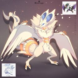 blue_eyes blue_sclera body_fur claws colored_sclera full_body fusion gen_5_pokemon gen_6_pokemon highres legendary_pokemon leoiruga nintendo no_humans noivern petals pokemon pokemon_(creature) reshiram solo standing tail twitter_username white_fur white_petals wings