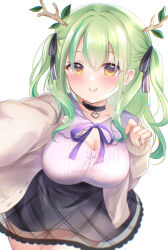 1girl antlers bad_id bad_twitter_id black_choker black_ribbon black_skirt blush breasts brown_cardigan cardigan center_frills ceres_fauna ceres_fauna_(jirai_kei) choker cleavage closed_mouth collarbone commentary fingernails frills green_hair hair_between_eyes hair_ribbon heart_collar hololive hololive_english horns large_breasts leaf long_hair long_sleeves looking_at_viewer mole mole_under_eye nikoo official_alternate_costume open_cardigan open_clothes pink_nails pink_ribbon pink_shirt ribbon see-through_clothes see-through_skirt shirt simple_background skirt sleeves_past_wrists smile thighs tree_horns two_side_up virtual_youtuber white_background yellow_eyes