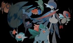 alternate_color arm_blade black_background black_dress black_gloves blue_hair bob_cut cape colored_skin deino_(pokemon) dress elbow_gloves fangs flower gallade gardevoir gen_1_pokemon gen_2_pokemon gen_3_pokemon gen_4_pokemon gen_5_pokemon gloves green_skin highres insect_wings ivysaur ledian mega_gallade mega_gardevoir mega_pokemon naqna nintendo orange_eyes pokemon pokemon_(creature) roselia_(pokemon) shiny_pokemon simple_background venipede weapon white_skin wings