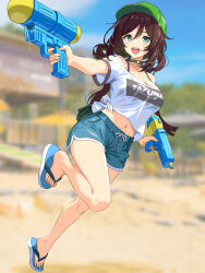 1girl :d alternate_costume bare_shoulders beach black_choker blue_shorts blue_sky blurry blurry_background blush breasts brown_hair casual choker cleavage collarbone commentary_request day dolphin_shorts dual_wielding flip-flops full_body green_eyes green_hat hair_between_eyes hat hayakawa_tazuna highres holding holding_water_gun large_breasts long_hair looking_at_viewer midriff navel off-shoulder_shirt off_shoulder open_mouth outdoors sandals shirt short_shorts short_sleeves shorts sidelocks sky smile solo split_ponytail standing standing_on_one_leg teeth tied_shirt umamusume upper_teeth_only water_gun wet wet_clothes wet_shirt white_shirt zenbrush2