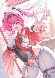 Rule 34 | 1girl, armor, black bow, bodysuit, bow, breastplate, breasts, closed eyes, commentary, cowboy shot, earrings, facing viewer, hair bow, hair ornament, hairband, headgear, highres, holding, holding polearm, holding weapon, jewelry, large breasts, long hair, lupa (wuthering waves), metal hairband, open mouth, pink hair, polearm, red sash, sash, smile, solo, tacet mark (wuthering waves), twintails, uissu, v, weapon, white bodysuit, wrist guards, wuthering waves