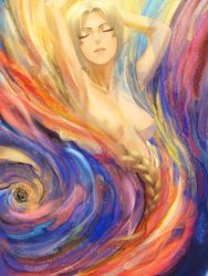 1girl alternate_hair_color amino_(tn7135) areola_slip armpits arms_up bad_id bad_pixiv_id blonde_hair braid breasts closed_eyes collarbone eyelashes female_focus light_particles long_hair medium_breasts nipples nude parted_lips single_braid solo spiral squiggle touhou very_long_hair yagokoro_eirin