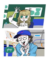 Rule 34 | 1boy, 1girl, arm up, bag, bags under eyes, baseball cap, beard, bernadette rostenkowski-wolowitz, blonde hair, bloodshot eyes, blue eyes, blue headwear, blue shirt, blunt bangs, breasts, cleavage, collared shirt, commentary, constricted pupils, drooling, facial hair, flipped hair, furrowed brow, glasses, green eyes, hair ribbon, hands up, hat, heart, highres, howard wolowitz, imagining, jewelry, kipper goodbreakfast, logo, long hair, looking at object, medium breasts, mouth drool, mustache, nasa logo, necklace, open mouth, pen, pencil, pencil case, plastic bag, print headwear, ribbon, ring, ringlets, shirt, smile, sparkle, spoken sound effect, sweat, symbol-only commentary, the big bang theory, very sweaty, watch, wedding ring, white shirt, wristwatch