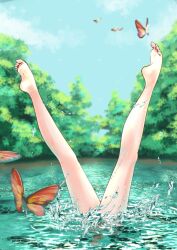 1girl bare_legs barefoot bug butterfly feet fire_emblem fire_emblem:_the_binding_blade forest highres insect kneepits lake leg_focus legs legs_apart legs_up lilina_(fire_emblem) lower_body nature nintendo one-piece_swimsuit red_one-piece_swimsuit smile soles splashing spread_legs swimming swimsuit synchronized_swimming thighs tree tsulala44_(oi_thanks) water