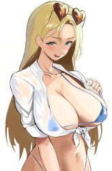 Rule 34 | 1girl, absurdres, bikini, blonde hair, blue bikini, breasts, centi (nikke), centi (ocean repair) (nikke), cleavage, collarbone, eyewear on head, goddess of victory: nikke, green eyes, heart, heart-shaped eyewear, highleg, highleg bikini, highres, kopepan (kopepann11), long hair, looking at viewer, micro bikini, navel, official alternate costume, see-through clothes, see-through shirt, shirt, solo, sunglasses, swimsuit, tied shirt, white background, white shirt