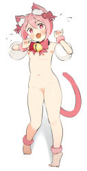 Rule 34 | 1girl, animal ear fluff, animal ears, barefoot, blush, bow, breasts, cat ears, cat girl, cat tail, cleft of venus, detached sleeves, feet, female focus, flying sweatdrops, full body, fur-trimmed anklet, hair between eyes, kai-o, navel, neck bell, nipples, nude, open mouth, original, pink bow, pink eyes, pink hair, pink ribbon, puffy detached sleeves, puffy sleeves, pussy, ribbon, short hair, simple background, small breasts, solo, standing, star-shaped pupils, star (symbol), symbol-shaped pupils, tail, thighs, toes, white background