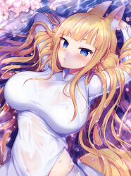 animal_ears ao_dai blonde_hair blue_eyes blush breasts cherry_blossoms fox_ears fox_girl highres hime_cut impossible_clothes large_breasts lying original petals urute water wet wet_clothes