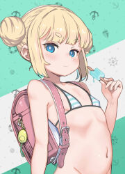 1girl backpack bag bare_arms bare_shoulders bikini blonde_hair blue_bikini blue_eyes breasts bright_pupils character_request closed_mouth collarbone commentary copyright_request crime_prevention_buzzer double_bun english_commentary food hair_bun highres holding holding_food holding_popsicle loli looking_at_viewer mixed-language_commentary monomono multicolored_bikini navel out-of-frame_censoring pink_bag popsicle randoseru short_hair small_breasts smile solo stomach striped_bikini striped_clothes swimsuit two-tone_bikini white_bikini white_pupils