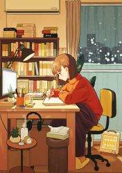 Rule 34 | 1girl, analog clock, aran sweater, arms on table, blanket, book, bookshelf, brown hair, building, cable knit, chair, clock, closed mouth, commentary request, cup, curtains, desk, desk lamp, expressionless, from side, full body, headphones, highres, holding, holding pencil, indoors, lamp, long sleeves, matsumine (twin-mix), monitor, mug, night, office chair, on chair, orange sweater, original, pencil, pencil sharpener, pile of books, plant, potted plant, scissors, short hair, sitting, skyline, skyscraper, slice of life, slippers, solo, sweater, swivel chair, table, tissue box, trash can, turtleneck, turtleneck sweater, window, writing