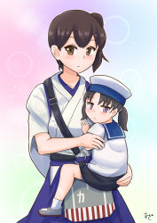 2girls akashieru apron black_hair blue_collar blue_hakama blue_sailor_collar brown_eyes carrying collar dress expressionless flight_deck gradient_background hakama hakama_short_skirt hakama_skirt hat highres japanese_clothes kaga_(kancolle) kantai_collection kosode long_hair multiple_girls one-hour_drawing_challenge purple_eyes sailor_collar sailor_dress sailor_hat shoes short_hair short_sleeves shounan_(kancolle) side_ponytail skirt tasuki twintails uwabaki white_dress white_hat