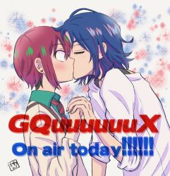 1boy 1girl amate_yuzuriha aqua_eyes blue_hair blush closed_eyes collared_shirt colored_inner_hair copyright_name english_text gundam gundam_gquuuuuux hetero highres holding_hands kinokoko_gq kiss long_sleeves multicolored_hair necktie purple_hair red_hair school_uniform shirt short_hair shuji_ito sweater two-tone_hair upper_body white_shirt wide-eyed