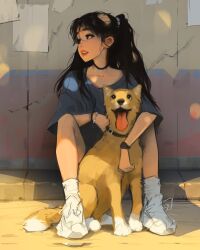 Rule 34 | 1girl, 1other, animal, black eyes, black hair, blue shirt, bracelet, collar, crack, cracked wall, dog, dog request, full body, hair over shoulder, high ponytail, highres, holding, holding animal, jewelry, messy hair, open mouth, original, ponytail, poster (object), sam yang, shirt, shoes, sidewalk, silver bracelet, sitting, sneakers, tongue, tongue out, watch, wristwatch