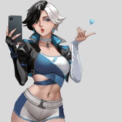 1girl akinoshi_art black_hair black_jacket blue_eyes breasts cellphone choker crop_top fingerless_gloves gloves heart heterochromia highres holding holding_phone jacket looking_at_viewer luna_snow marvel marvel_rivals midriff multicolored_hair navel phone selfie short_hair shorts smile snowflake_ornament solo split-color_hair superhero_costume two-tone_bodysuit two-tone_hair white_hair