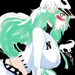 1girl absurdres arrancar bleach breasts green_eyes green_hair highres large_breasts long_hair midriff nelliel_tu_odelschwanck sekihan solo