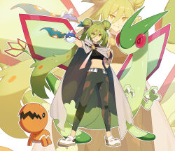 Rule 34 | 1girl, 2others, absurdres, antlion, black bridal gauntlets, blush, bridal gauntlets, cape, casa chushouye, claws, crop top, dragon horns, dragon tail, dragon wings, flygon, gen 3 pokemon, gloves, great ball, green hair, ground miku (project voltage), hair between eyes, hair ornament, hatsune miku, highres, holding, holding poke ball, horns, long hair, midriff, multiple others, nintendo, official alternate costume, official alternate hairstyle, open mouth, orange eyes, pants, poke ball, pokemon, pokemon (creature), project voltage, shoes, single glove, smile, tail, trapinch, twintails, very long hair, vocaloid, white gloves, white shoes, wings