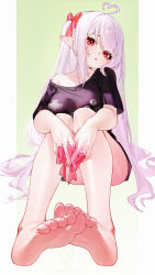 1girl absurdres ahoge barefoot black_shirt blush bottomless bow breasts cz_(mikumikumi) hair_bow heart heart_ahoge heart_hands highres large_breasts long_hair looking_at_viewer original pointy_ears print_shirt red_bow red_eyes shirt short_sleeves sitting solo toes two-tone_background white_background white_hair yellow_background