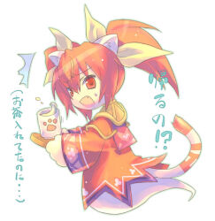 Rule 34 | 1girl, animal ears, cat ears, cat girl, cat tail, cup, dress, emil chronicle online, fang, from side, ghost, hair ribbon, holding, holding tray, nekomata akane, red dress, ribbon, tail, tray, twintails, wanko (takohati8), white background, yunomi