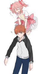 1boy 1girl absurdres bow bubble_skirt carrying choker crossover dress drill_hair emiya_shirou fate/stay_night fate_(series) flying gem highres homu igote kaname_madoka long_hair look-alike looking_up magical_girl mahou_shoujo_madoka_magica orange_hair pink_eyes pink_gemstone pink_hair raglan_sleeves red_choker red_hair ribbon shokobr short_hair short_twintails simple_background skirt smile soul_gem twin_drills twintails white_background