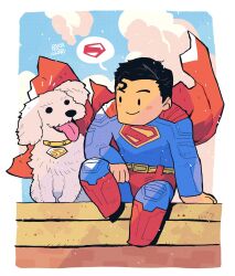 1boy absurdres animal belt black_hair blue_bodysuit bodysuit boots border cape closed_mouth day dc_comics dog highres krypto_the_superdog looking_at_viewer male_focus muscular muscular_male open_mouth outdoors outside_border rariatto_(ganguri) red_belt red_boots red_cape short_hair smile superhero_costume superman superman_(series) superman_logo tongue white_border