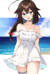 1girl ahoge alternate_costume beach black_hair blue_eyes braid breasts cleavage cowboy_shot dress hair_flaps highres horizon kantai_collection long_hair medium_breasts ocean shigure_(kancolle) shigure_kai_san_(kancolle) single_braid smile solo sundress white_dress zarashi