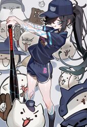 1girl absurdres baseball_bat baseball_cap black_hair blue_eyes dolphin_shorts ebora hair_over_one_eye hat highres holding holding_baseball_bat kneehighs long_hair looking_at_viewer one_eye_covered original ponytail short_shorts shorts socks solo thighs